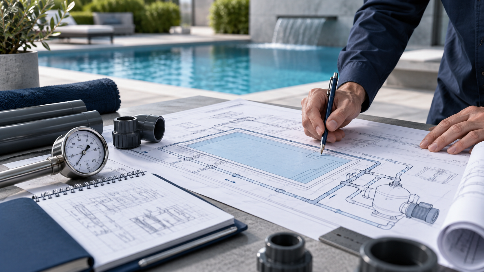 Consultoria de engenharia hidráulica com análise de projeto de piscina
